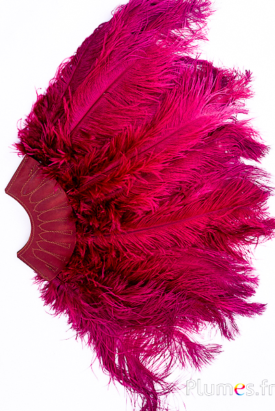 Éventail en plumes d’autruche - 20 plumes, cuir marron - bordeaux